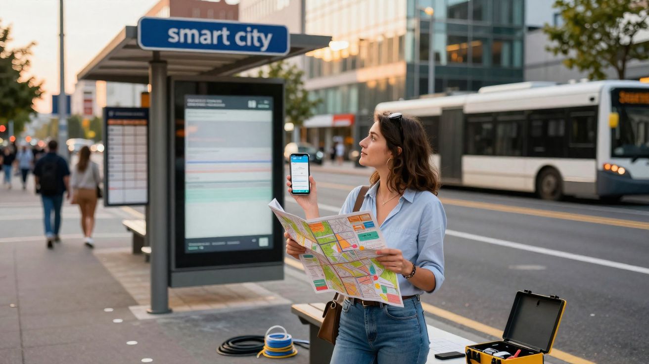 Mulher jovem com mapa e telemóvel junto a paragem de autocarro numa cidade moderna ao entardecer.