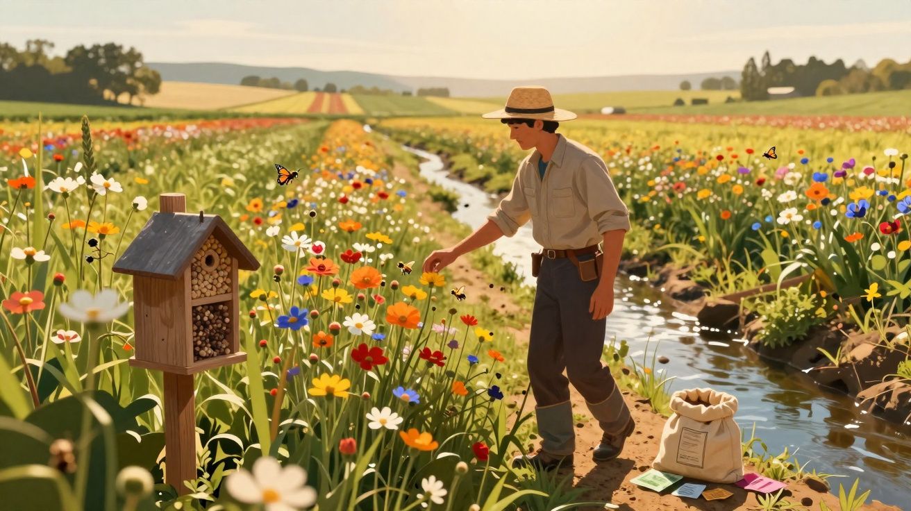 Homem de chapéu a cuidar de flores coloridas junto a um pequeno rio num campo rural ao entardecer.