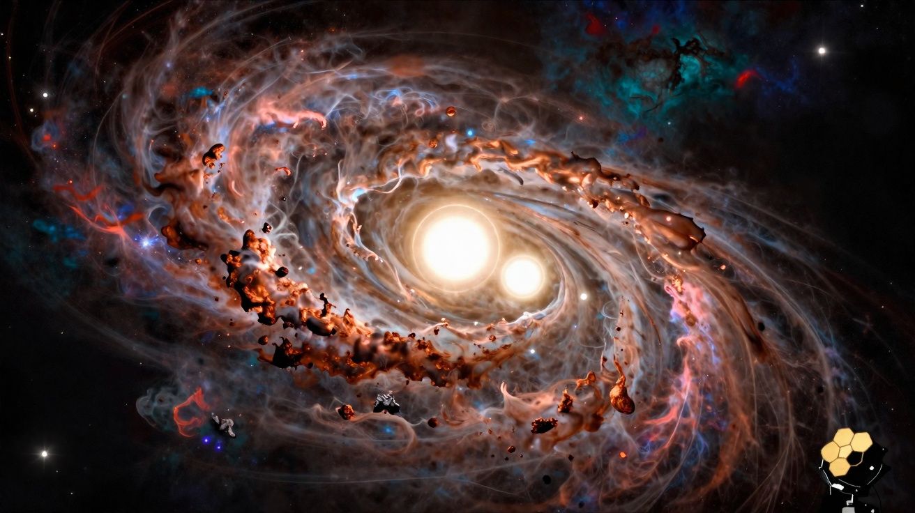 Imagem artística de duas estrelas brilhantes rodeadas por poeira cósmica e gases coloridos no espaço.