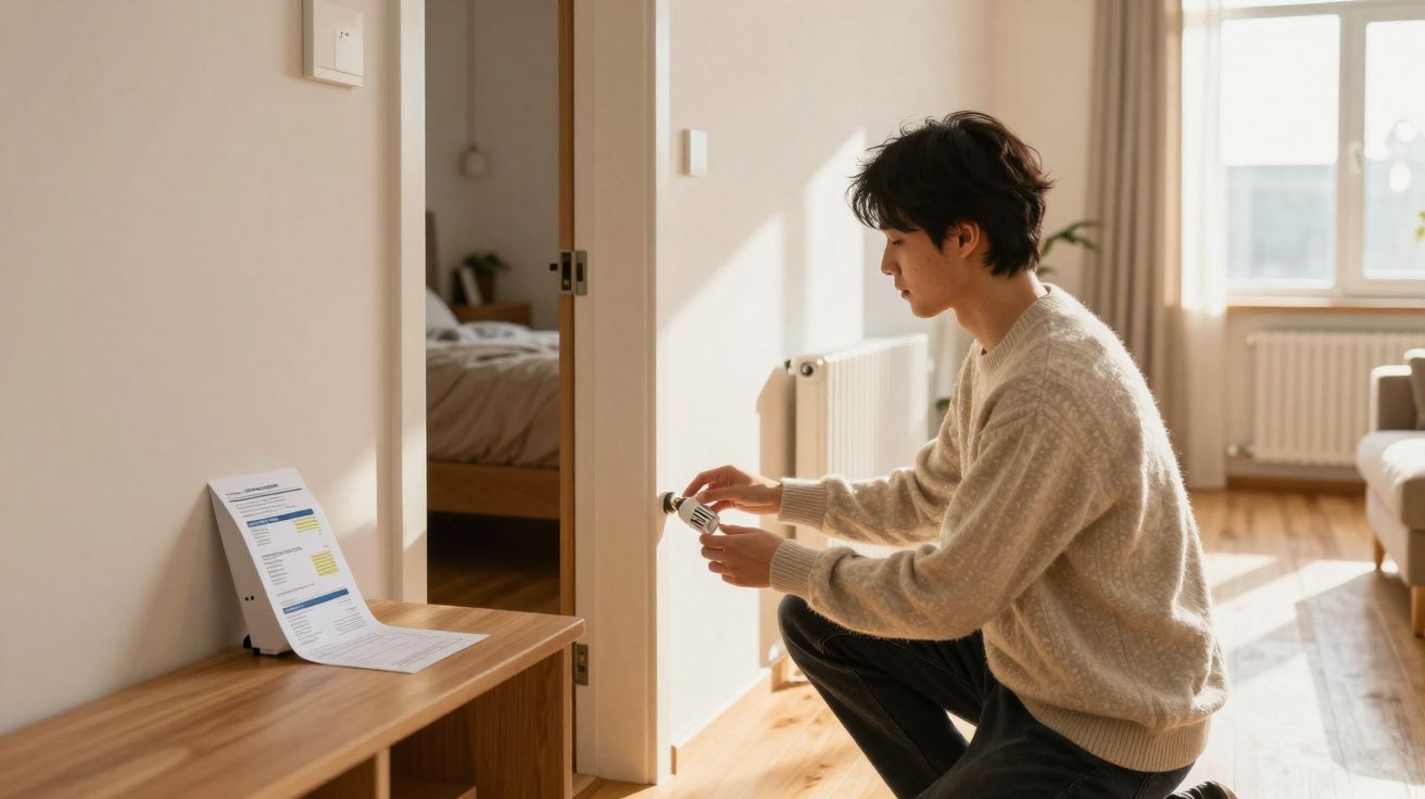 Pessoa a instalar detector de fumo numa parede numa sala iluminada com luz natural.