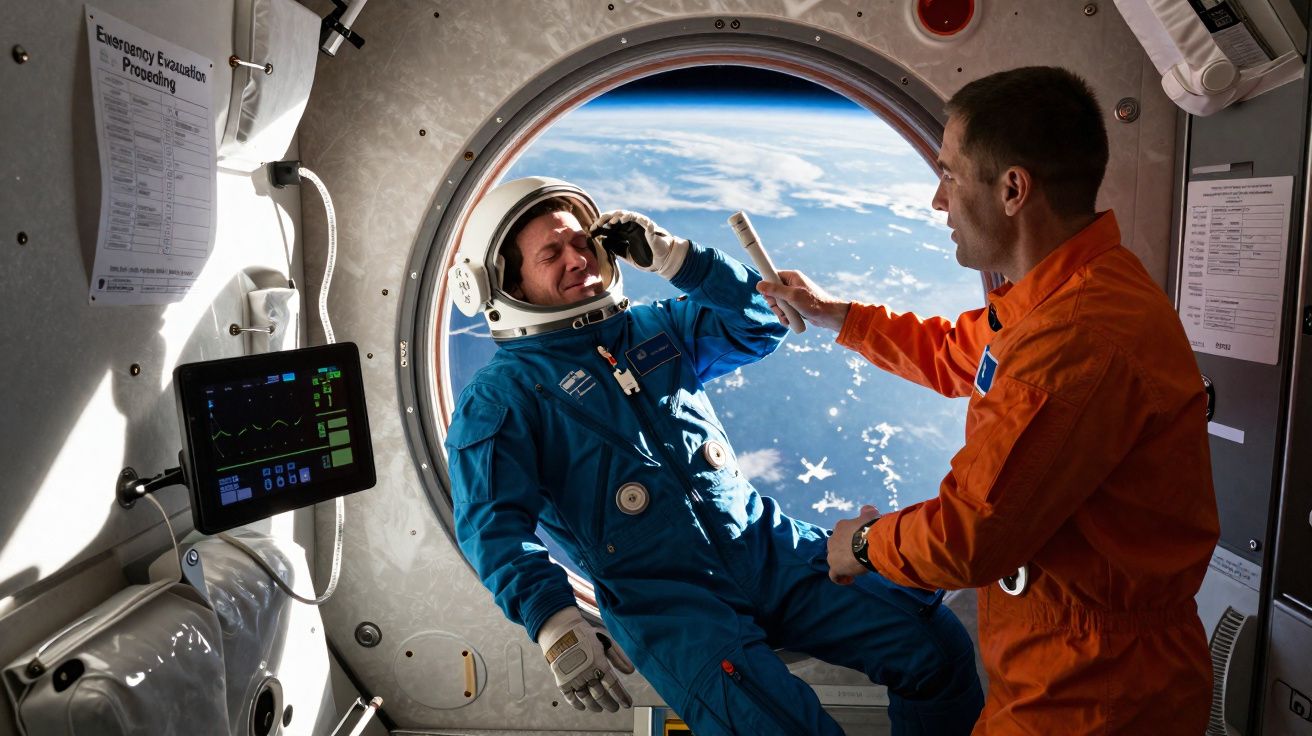 Dois astronautas dentro de uma cápsula espacial, um em fato azul com capacete e o outro em fato laranja.