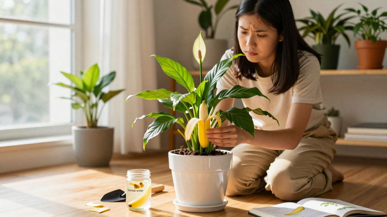 Mulher a cuidar de planta com cachos de bananas num vaso branco, sentada no chão de madeira.