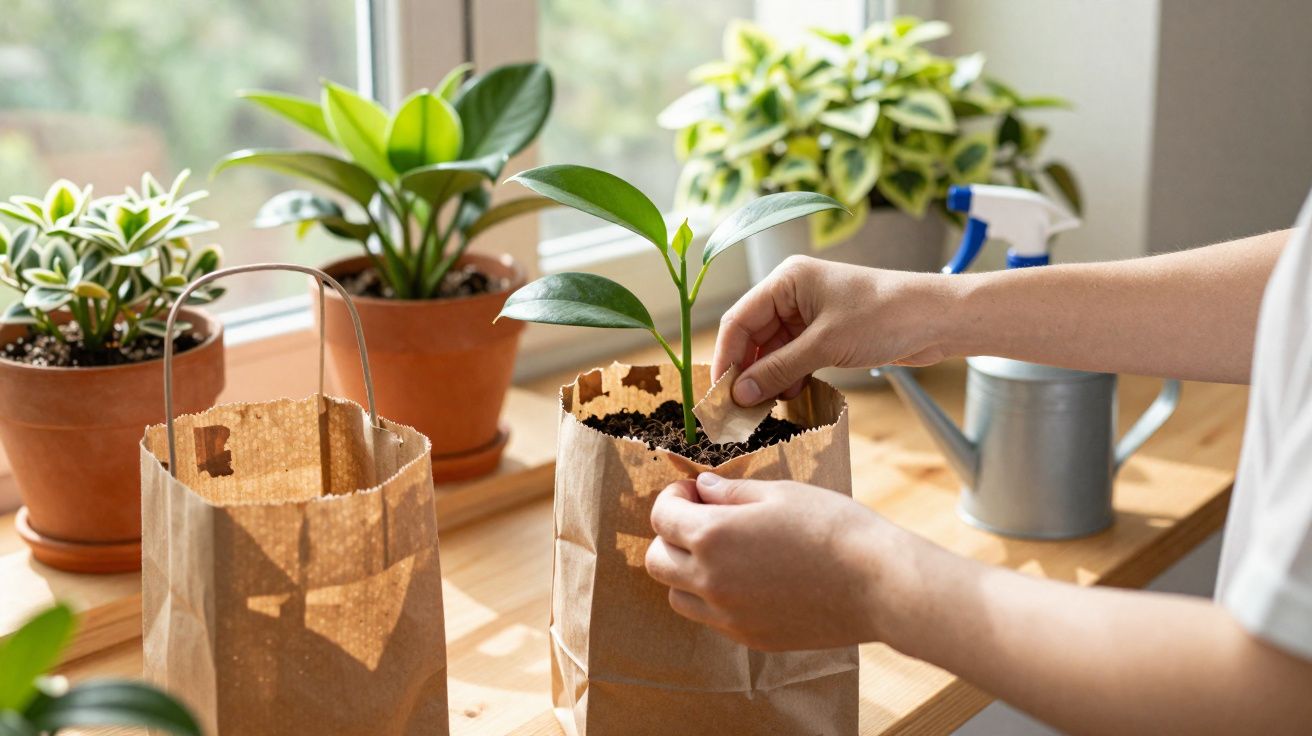 Mãos a plantar uma muda em saco de papel num ambiente com várias plantas e regador numa mesa junto à janela.