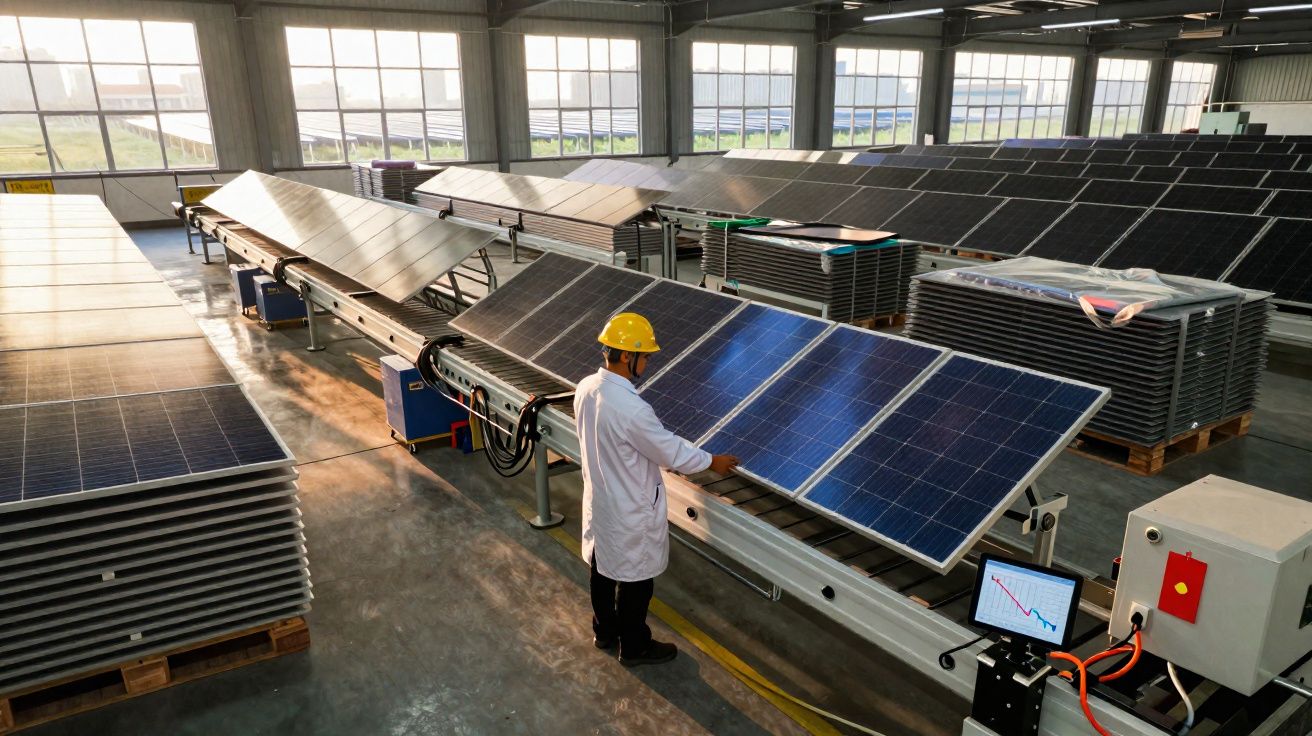 Trabalhador em fábrica a inspecionar painéis solares sobre tapete rolante, rodeado de pilhas de painéis.