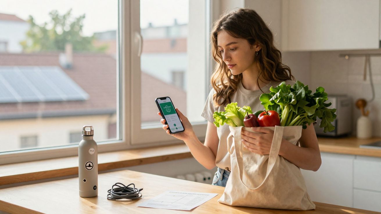 Mulher na cozinha a olhar para o telemóvel com saco de compras com legumes frescos na mão.