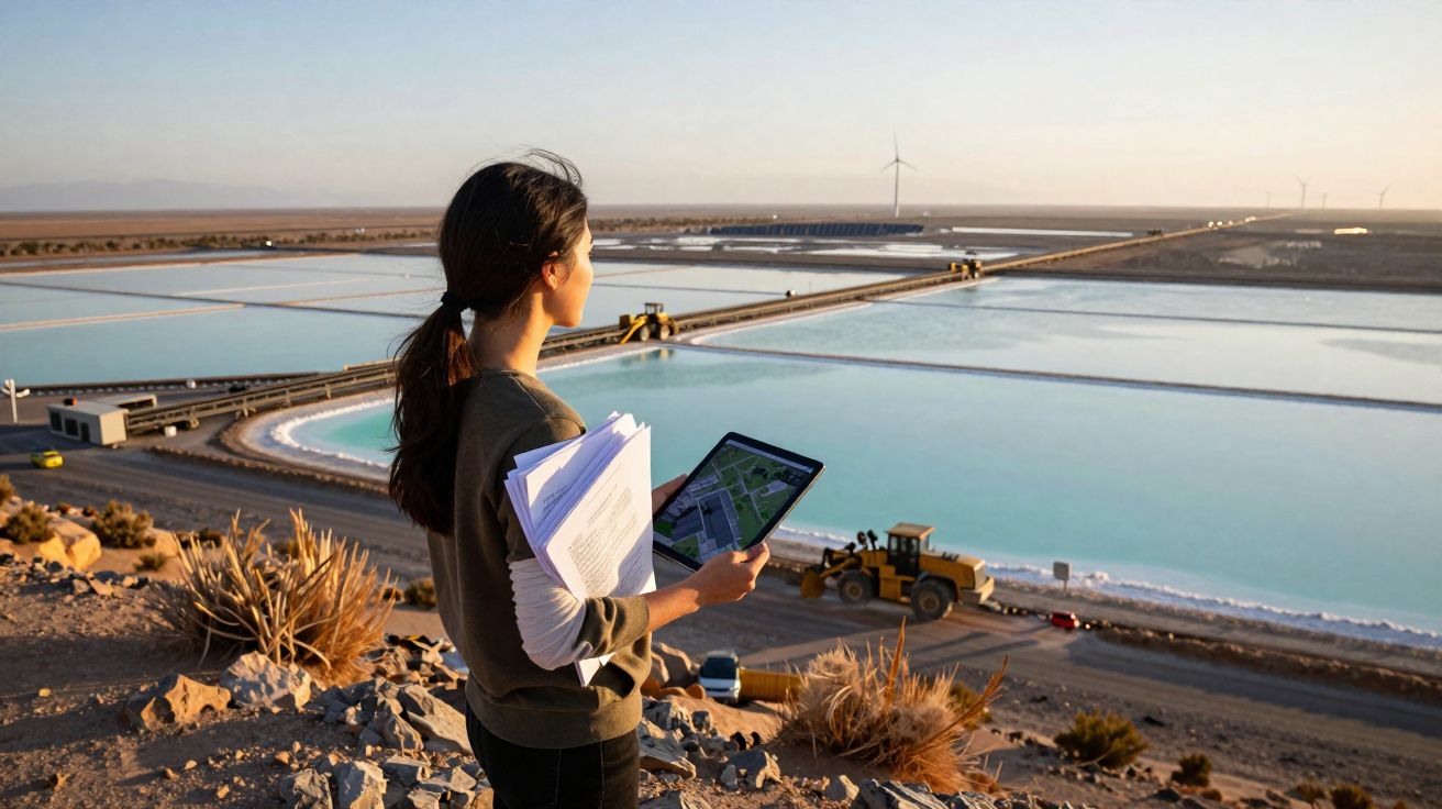 Mulher com tablet e papéis observa instalação industrial de tanques de água e turbinas eólicas ao pôr do sol.