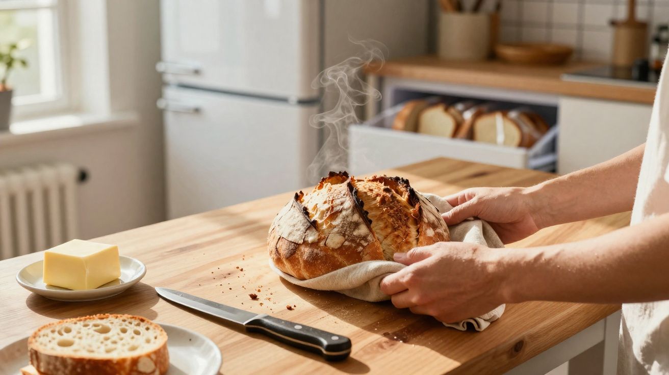 Pessoa segura pão quente acabado de sair do forno numa cozinha com manteiga e faca sobre a mesa de madeira.