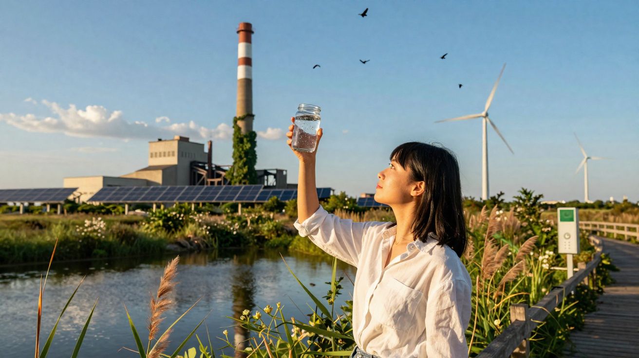 Mulher segura frasco com água junto a lago, painéis solares, turbinas eólicas e chaminé industrial ao fundo.