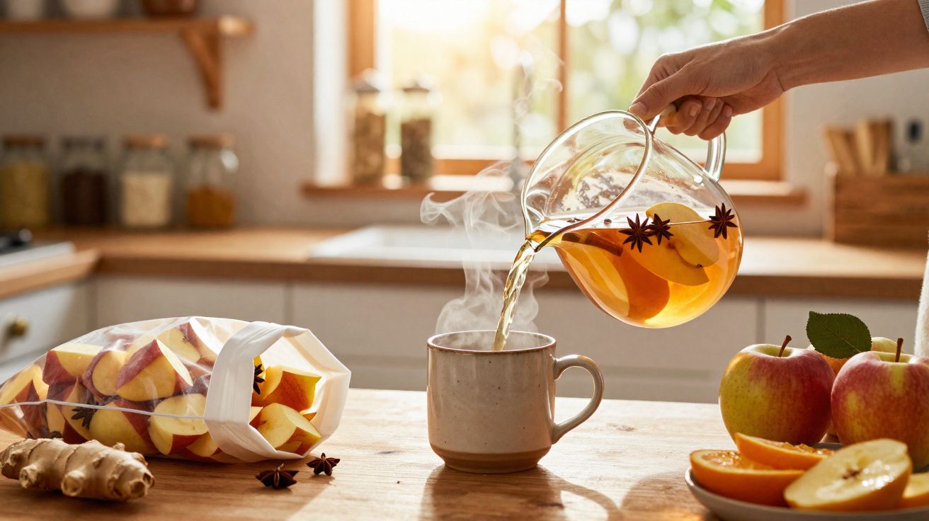 Pessoa a servir chá quente com especiarias numa caneca numa cozinha iluminada, com maçãs e gengibre na mesa.