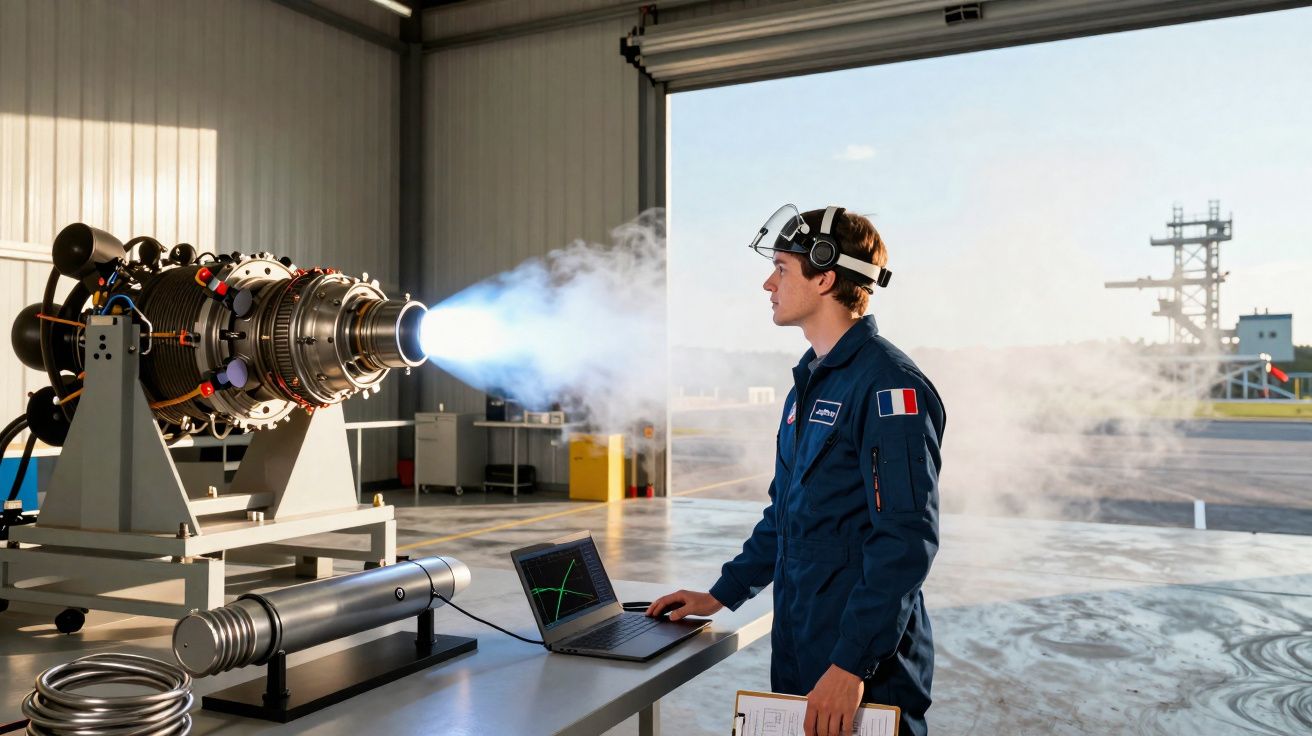 Técnico em fato azul com bandeira da França observa teste de motor a jato numa oficina ampla e iluminada.