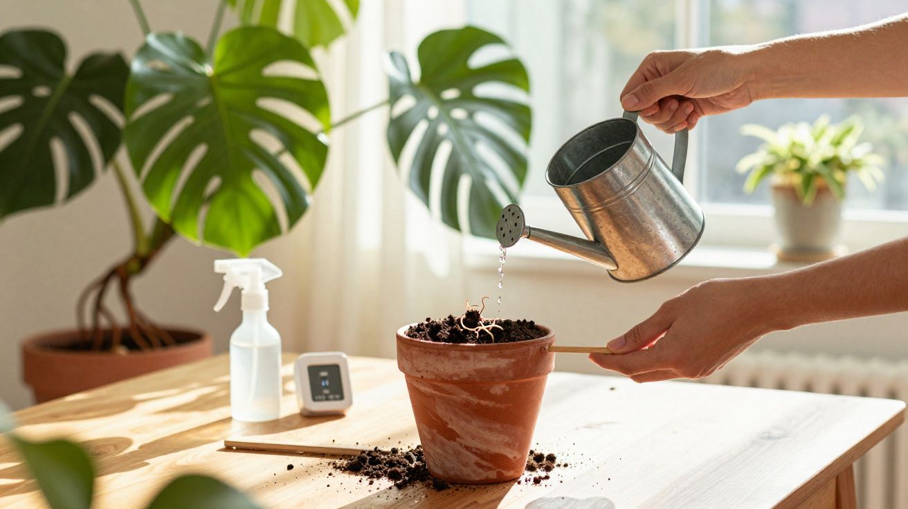 Pessoa a regar uma planta num vaso de barro sobre uma mesa de madeira, com plantas na janela ao fundo.