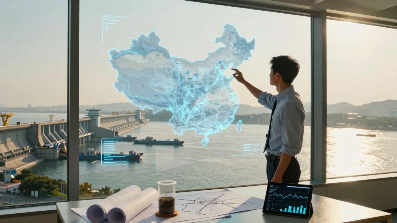 Homem interage com mapa digital da China em escritório com vista para barragem e rio ao pôr do sol.