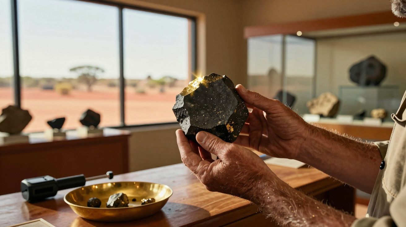 Pessoa a segurar um meteorito negro em ambiente iluminado com janela para paisagem árida ao fundo.