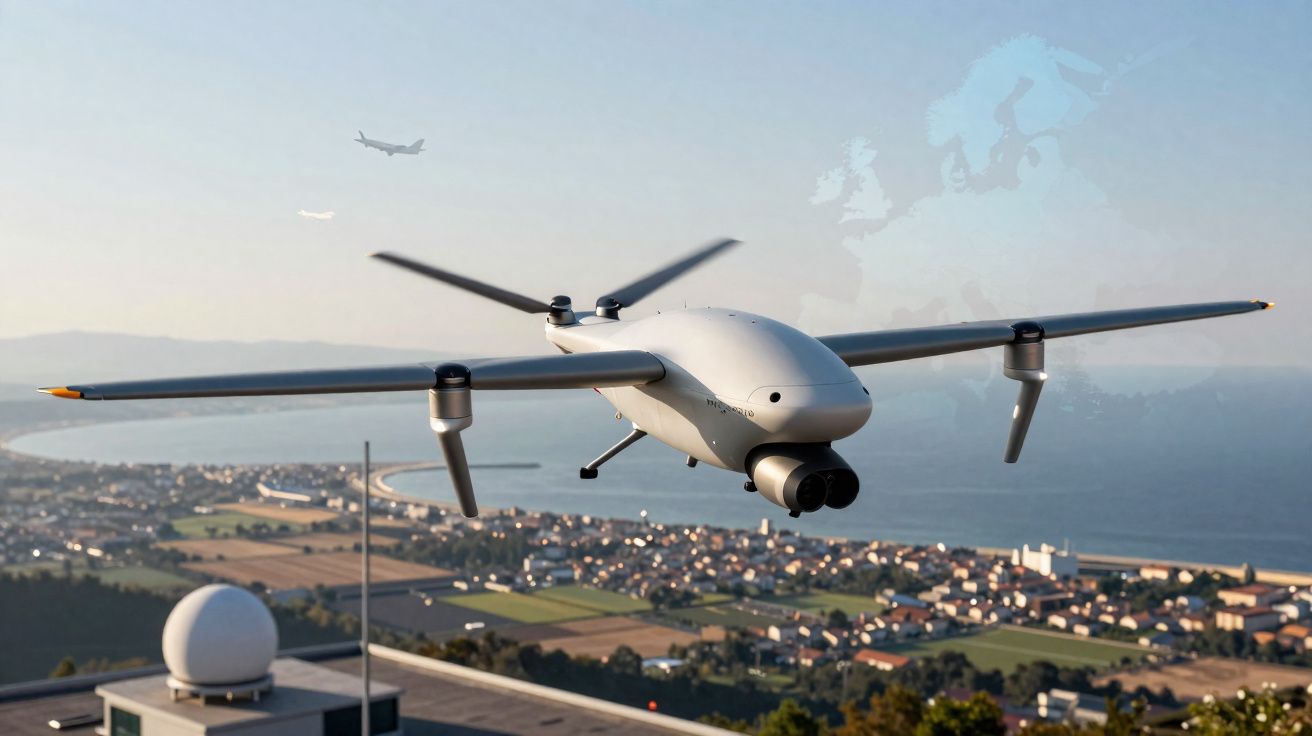 Drone militar branco em voo sobre cidade costeira com helicóptero e avião no céu ao fundo.