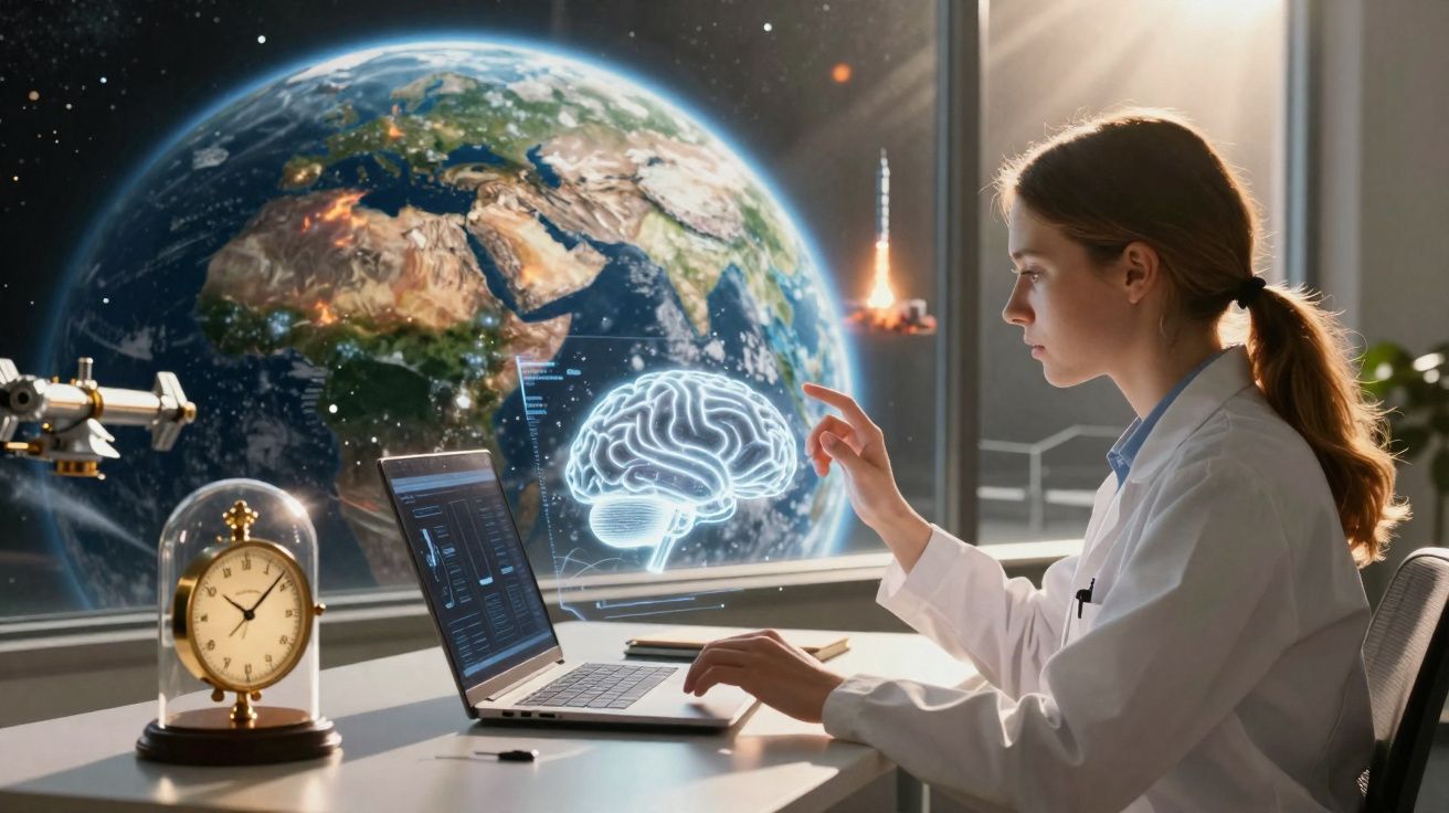 Cientista mulher em laboratório com holograma de cérebro e Terra ao fundo, usando computador portátil.