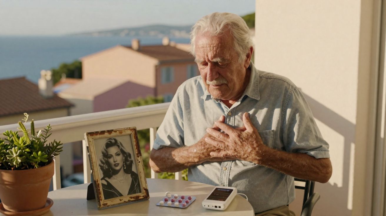 Homem idoso sentado na varanda, com mãos no peito, ao lado de fotografia emoldurada, medicamentos e dispositivo médico.