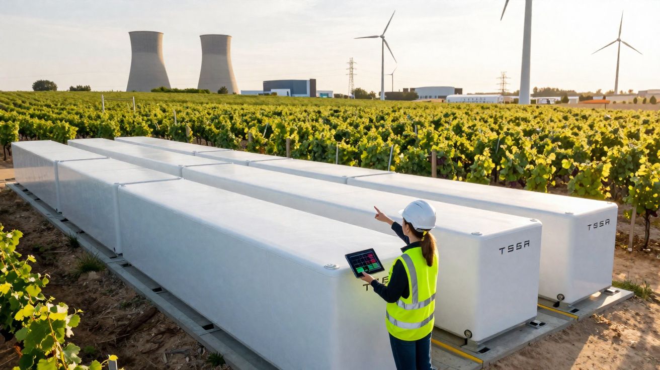 Técnica com colete e capacete verifica baterias gigantes em vinhas, com turbinas e torres industriais ao fundo.
