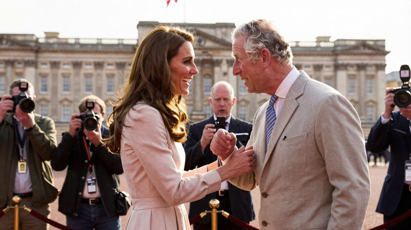 Homem e mulher conversam sorrindo em evento ao ar livre com fotógrafos ao fundo.