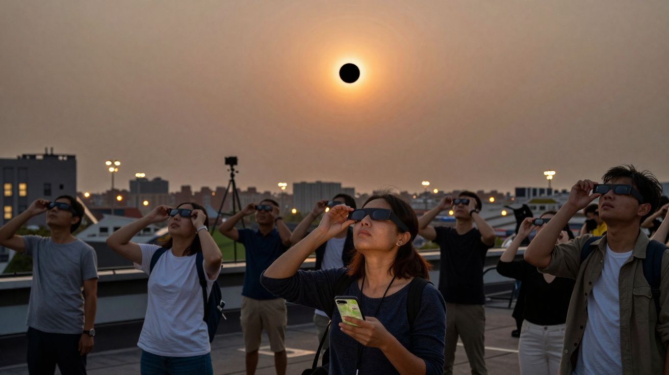 Grupo de pessoas a observar eclipse solar com óculos especiais num terraço urbano ao entardecer.