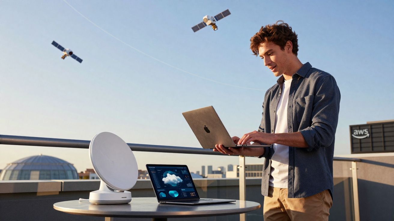 Homem usa portátil em terraço com antena parabólica e satélites no céu ao fundo.