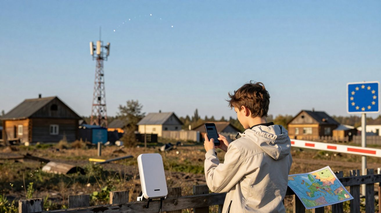 Jovem com mapa usa telemóvel perto de antena com casas e sinal da União Europeia ao fundo.