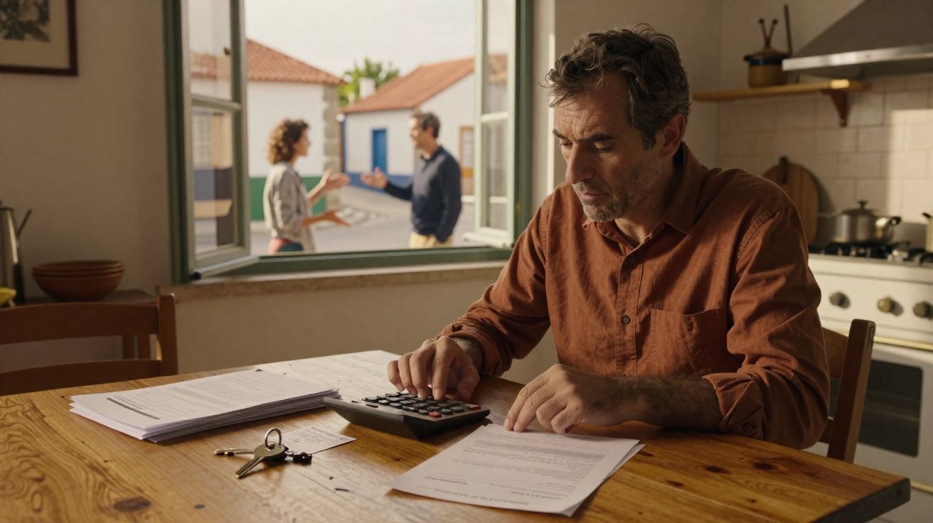 Homem calcula contas na cozinha enquanto duas pessoas conversam ao fundo junto à janela aberta.