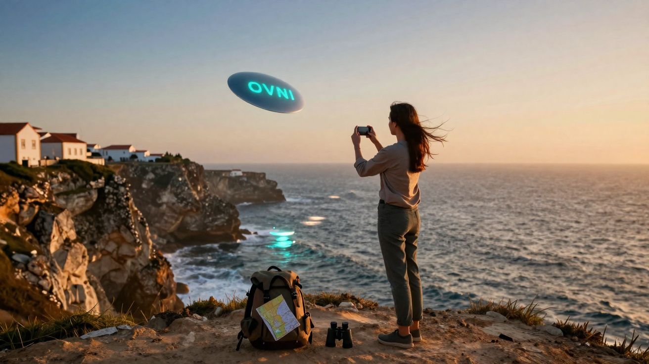 Mulher a fotografar OVNI brilhante sobre falésia junto ao mar ao pôr do sol, mochila e binóculos no chão.