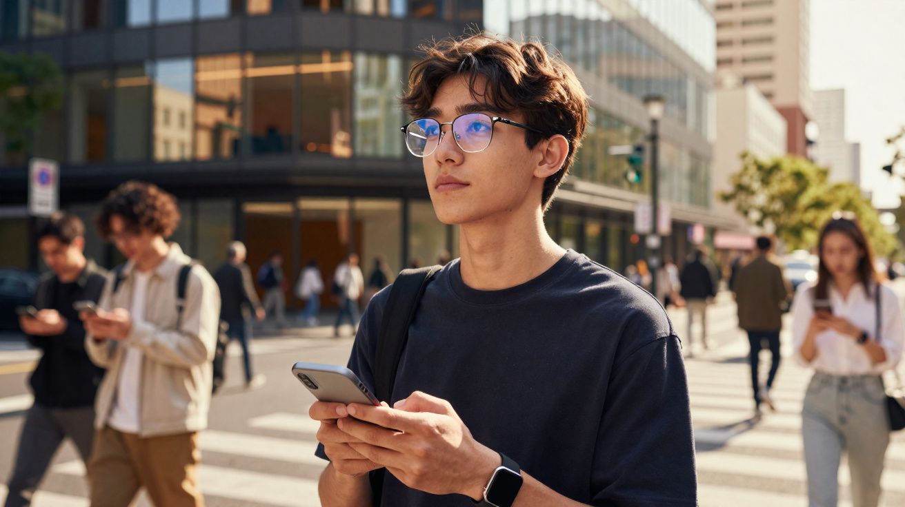 Jovem com óculos e smartphone na mão a atravessar rua numa zona urbana movimentada e ensolarada.