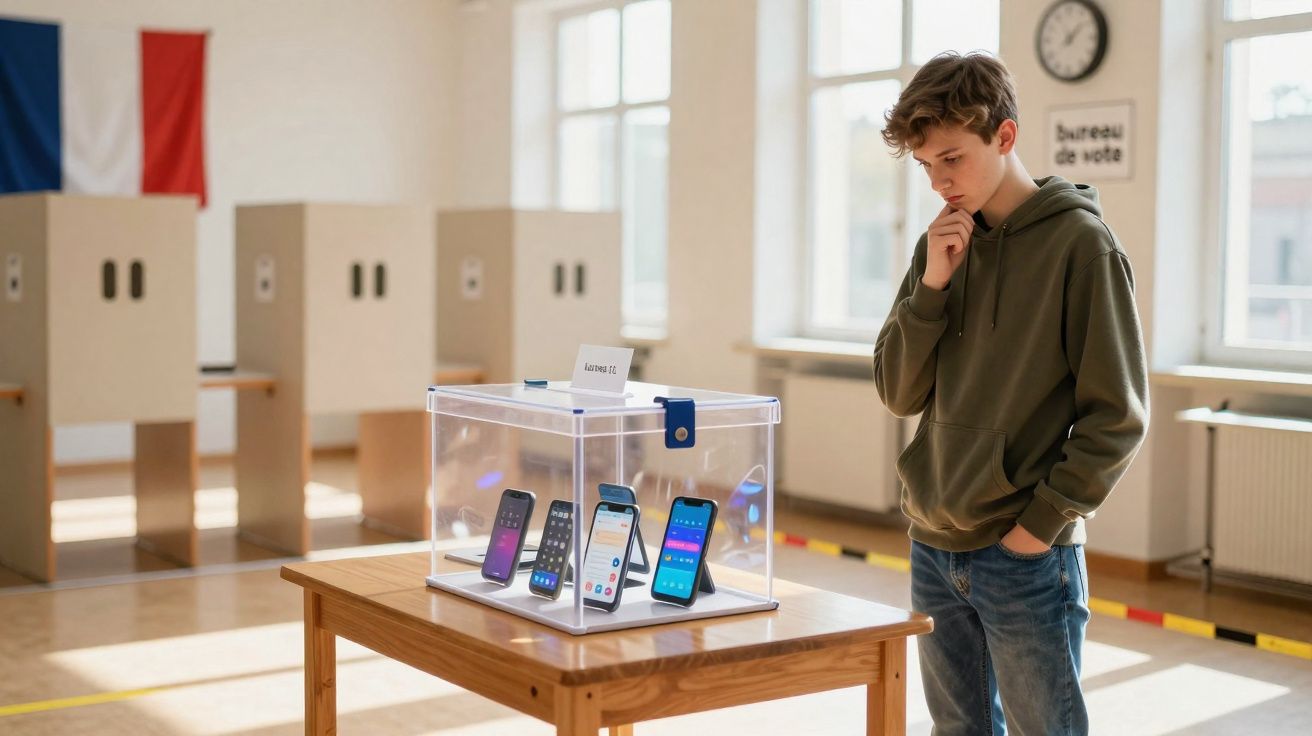 Jovem em sala de voto com urna transparente contendo vários telemóveis dentro.