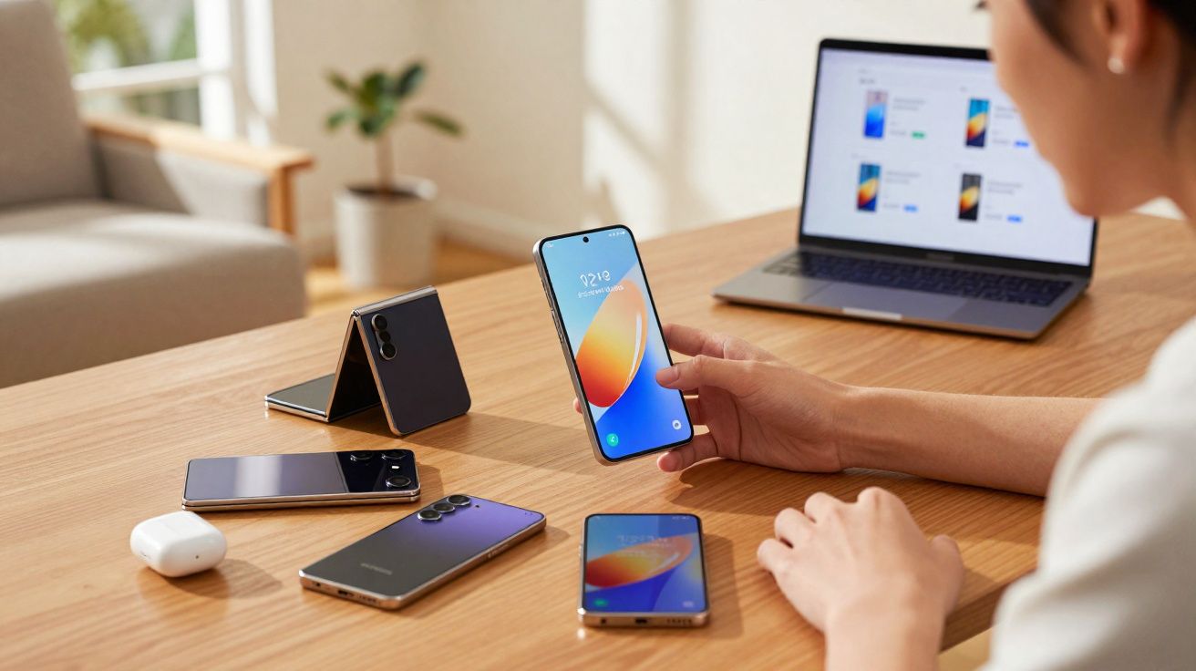 Pessoa segurando um smartphone com vários modelos de telemóveis e um portátil numa mesa de madeira.