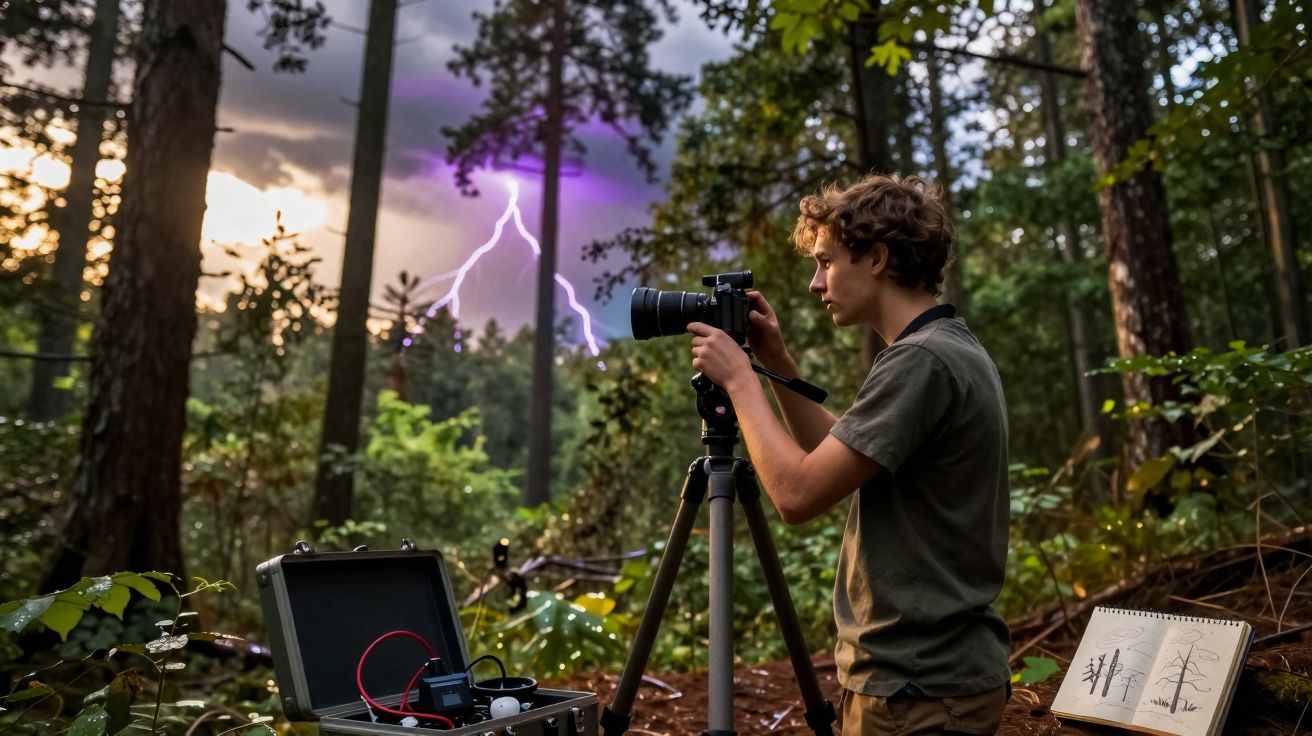 Jovem a fotografar relâmpago na floresta com câmera num tripé e equipamentos ao lado.