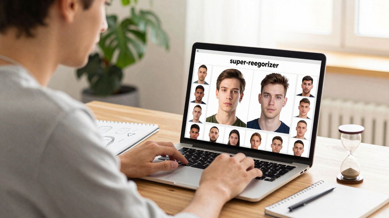 Pessoa a usar portátil com aplicação de reconhecimento facial aberta, sentada numa mesa com objetos de escritório.