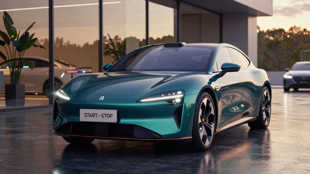 Carro desportivo elétrico verde metálico estacionado em frente a um edifício moderno com janelas de vidro.