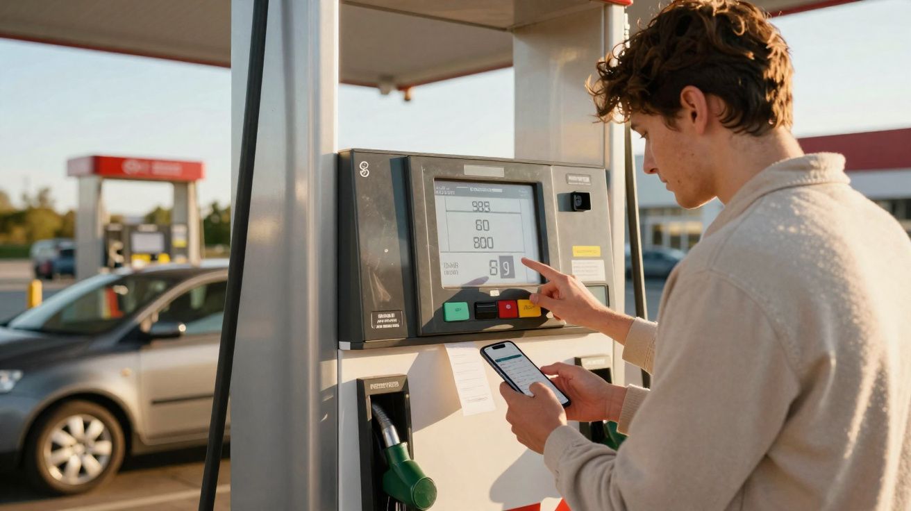 Homem usa telemóvel enquanto abastece carro numa bomba de combustível ao ar livre.