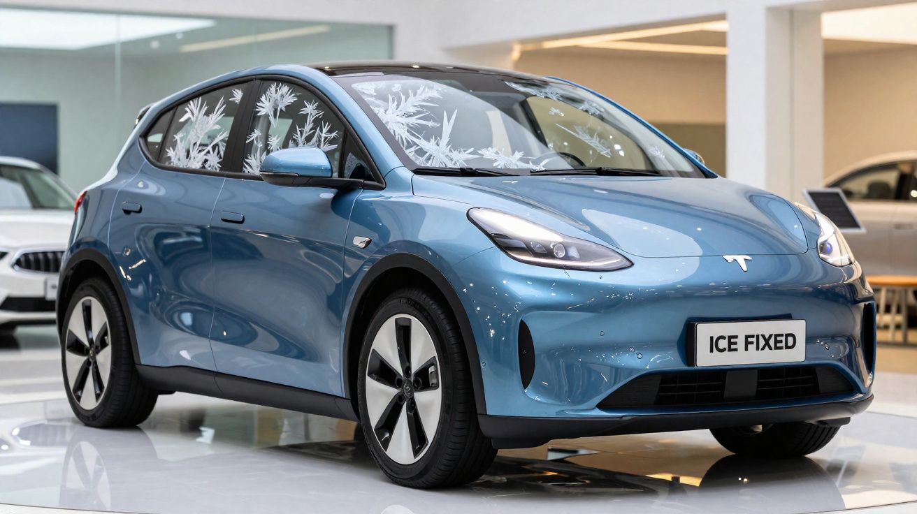 Carro elétrico azul com decalques de gelo nos vidros, exposto em sala moderna e iluminada.