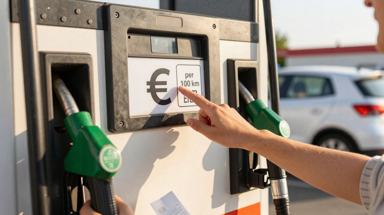 Pessoa a apontar para o custo de combustível por 100 km numa bomba de gasolina com carros ao fundo.