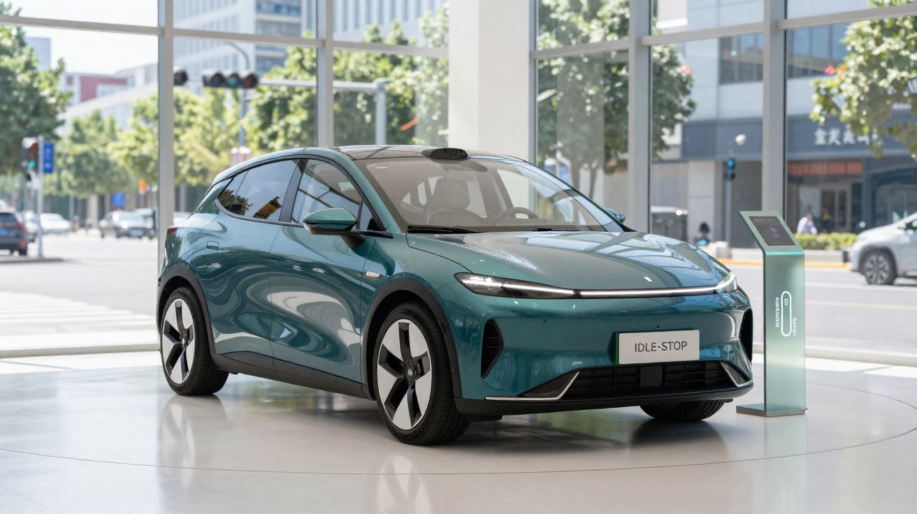 Carro eléctrico verde em exposição em espaço urbano com grandes janelas e edifícios ao fundo.