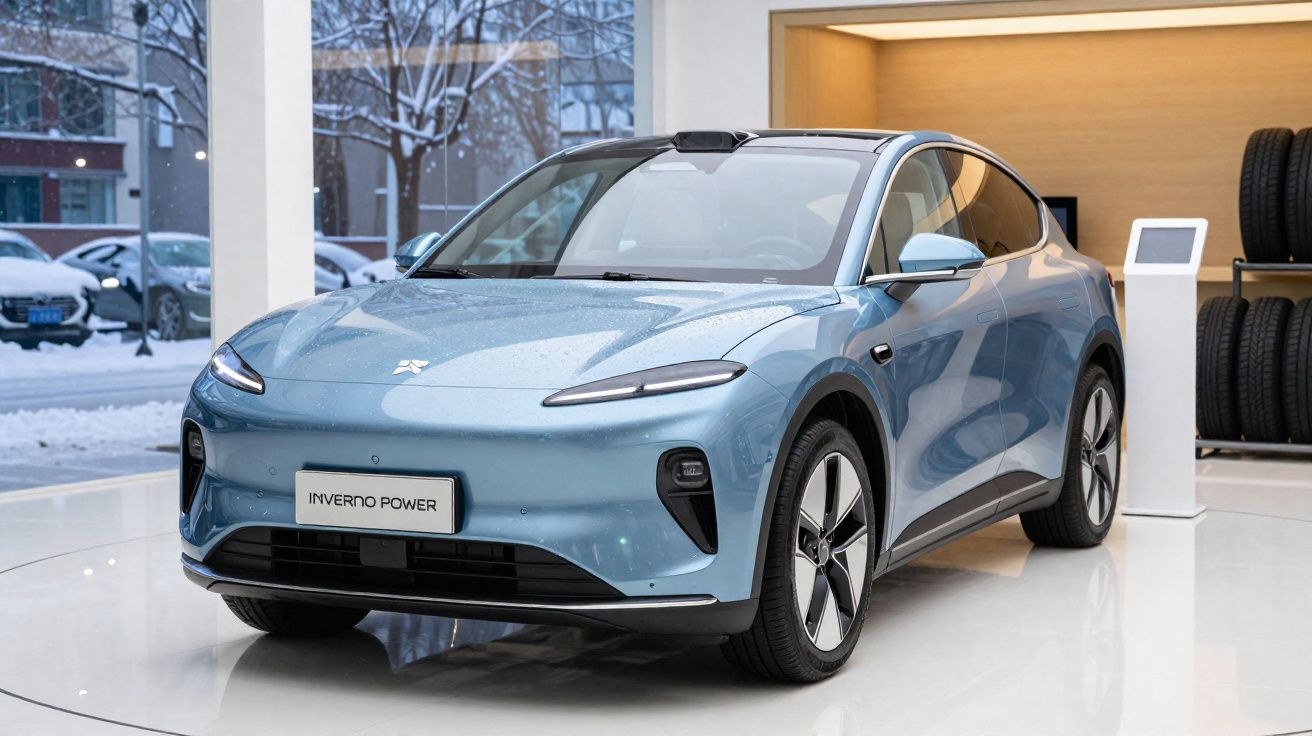 Carro elétrico azul claro exposto num salão com neve visível através das janelas.