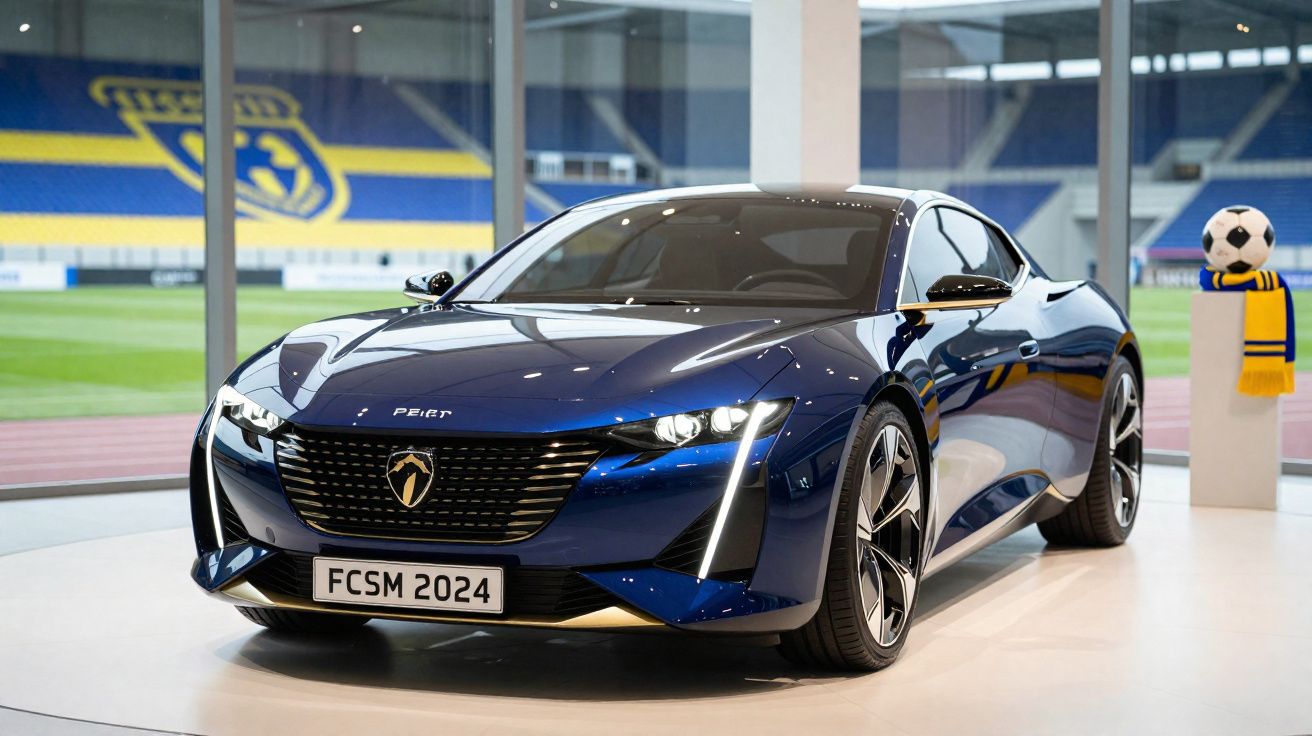 Carro desportivo elétrico azul estacionado em exposição, com estádio de futebol ao fundo.