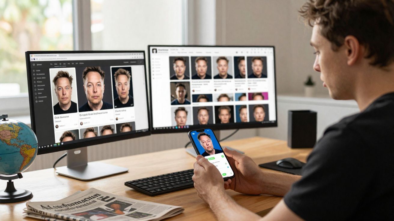Pessoa a analisar imagens e perfis de Elon Musk num computador e telemóvel numa mesa com jornal e globo terrestre.