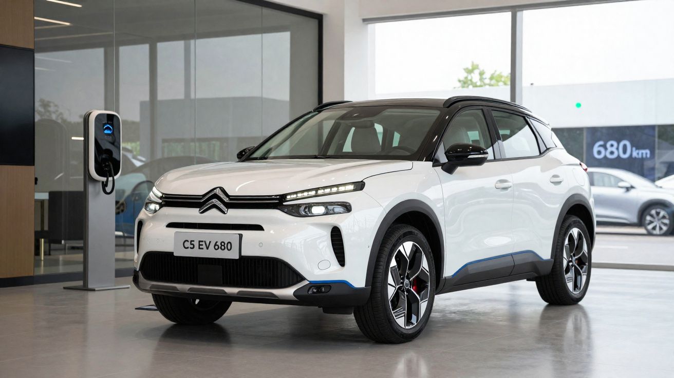 Carro elétrico branco Citroën C5 EV 680 estacionado numa área de carregamento interior.