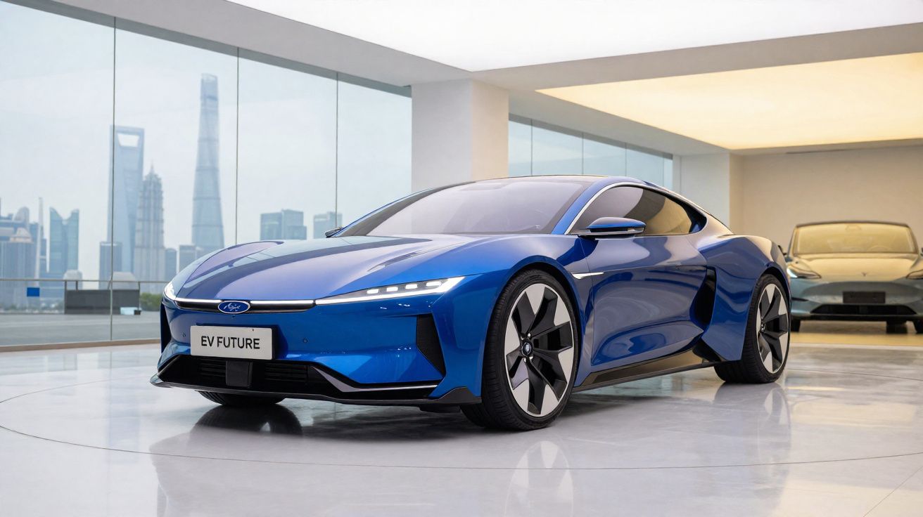 Carro elétrico desportivo azul com design futurista exposto em salão moderno com paredes de vidro.