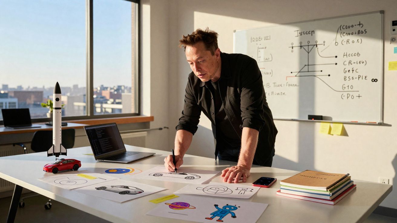 Homem concentrado a desenhar veículos numa mesa com computador, maquete de foguetão e quadros com diagramas.