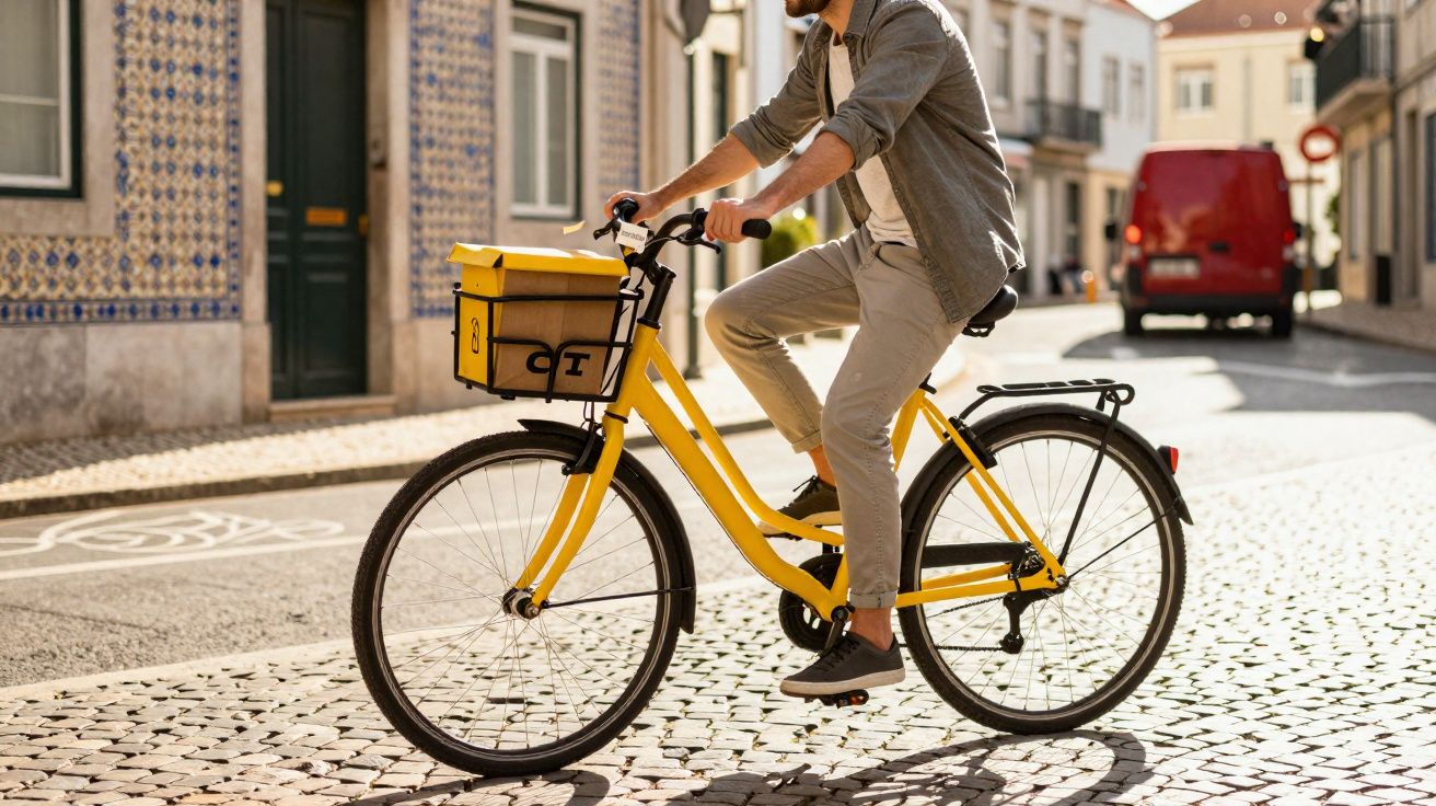 Homem a andar de bicicleta amarela com caixa de entregas numa rua de calçada portuguesa.