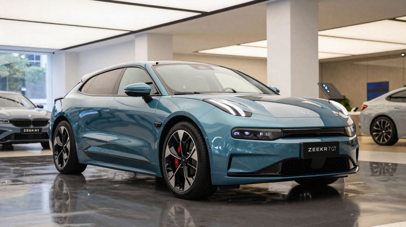 Carro elétrico desportivo Zeekr 001 azul exibido numa sala de exposição moderna e luminosa.