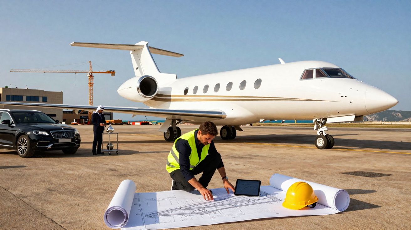 Homem em colete refletor a analisar plantas junto a jacto privado numa pista de aeroporto com carro e outro homem ao fundo.