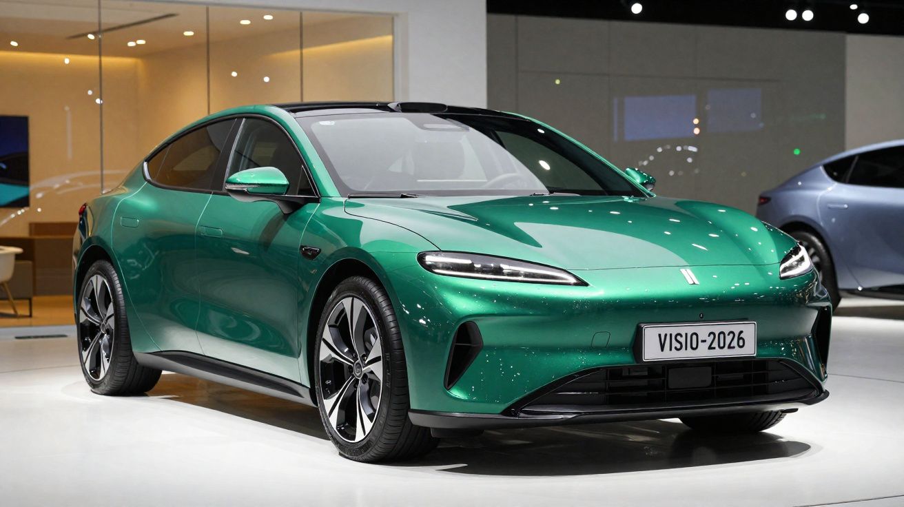 Carro elétrico verde metálico exposto num salão de automóveis moderno, com design aerodinâmico.