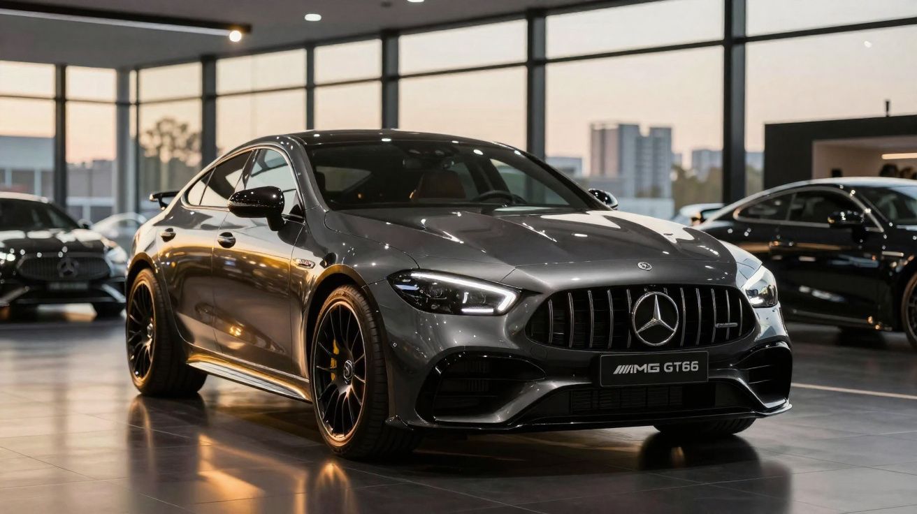 Mercedes-Benz AMG GT 63 cinzento exibido numa sala de showroom moderna com outros carros ao fundo.
