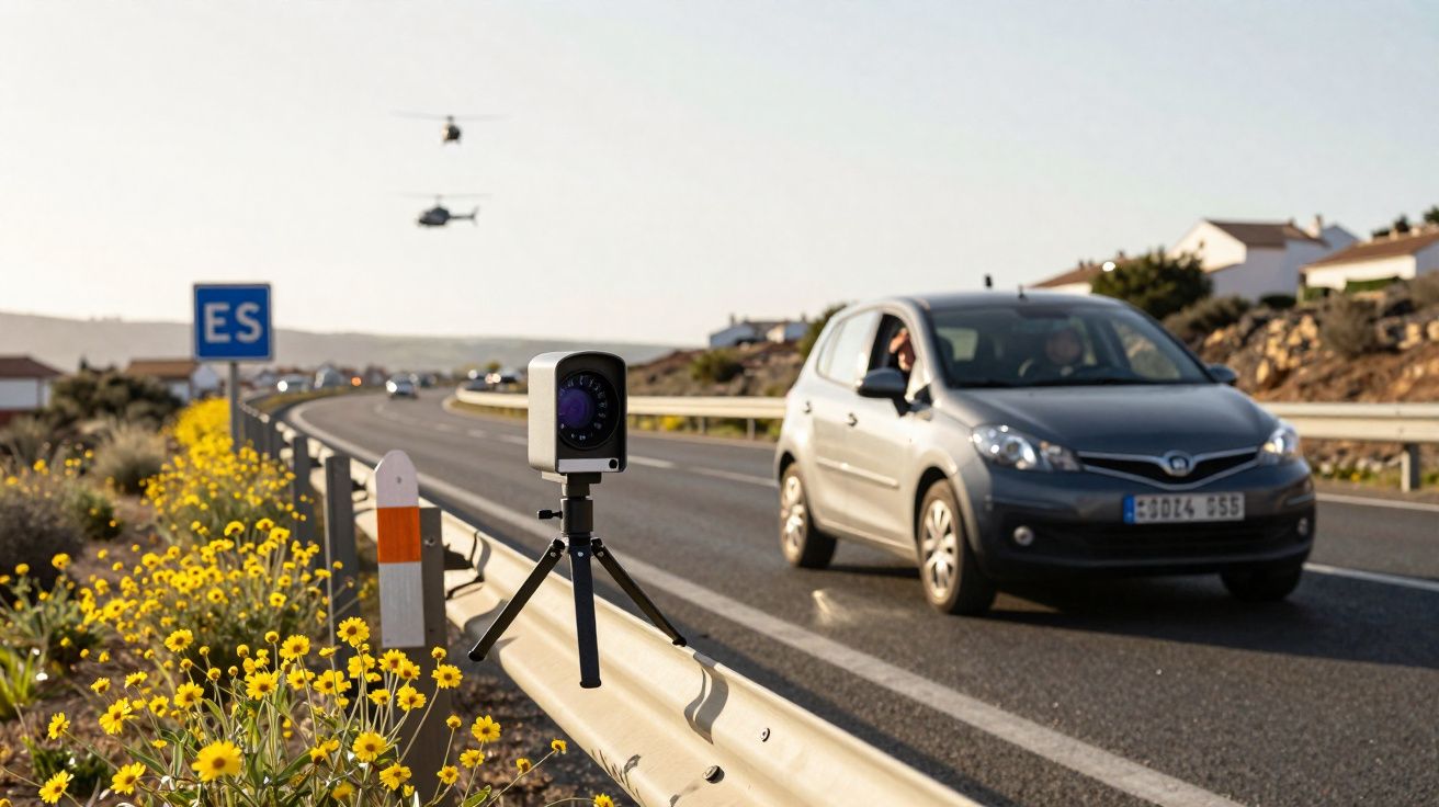 Radar fixo montado numa berma de estrada com carro cinzento a passar e helicóptero ao fundo.