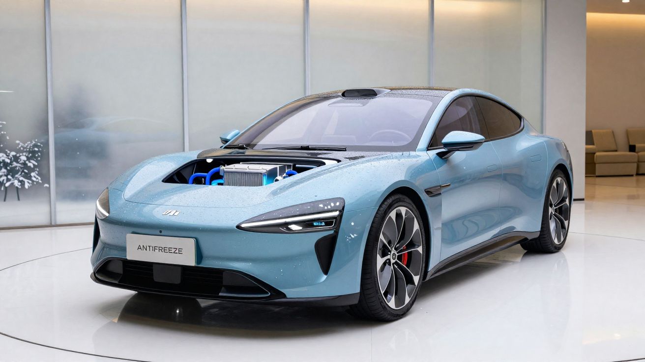 Carro elétrico azul claro exposto em ambiente interior com capô aberto mostrando componentes internos.